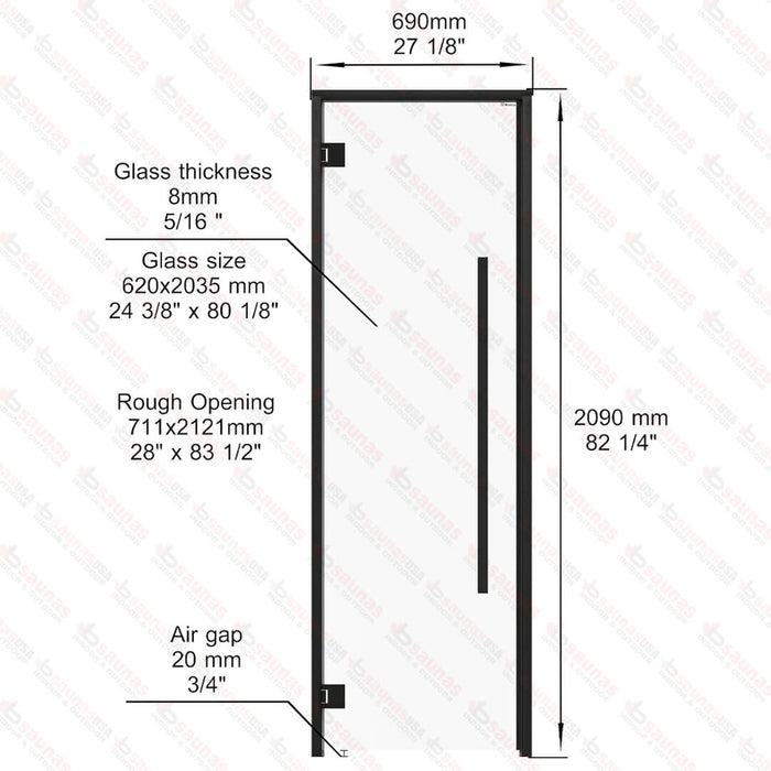 Aspen Black Frame Sauna Door Benelux Square, Clear Glass, 690×2090 mm (27 1/8″ x 82 1/4″) - West Coast Saunas - BSAUNAACGBSD3L