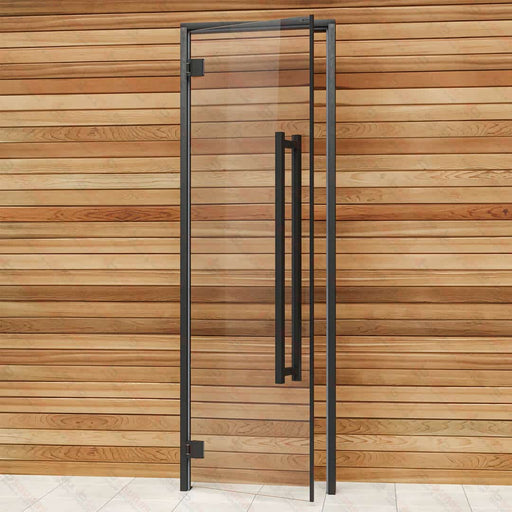 Aspen Black Frame Sauna Door Benelux Square, Clear Glass, 690×2090 mm (27 1/8″ x 82 1/4″) - West Coast Saunas - BSAUNAACGBSD3R