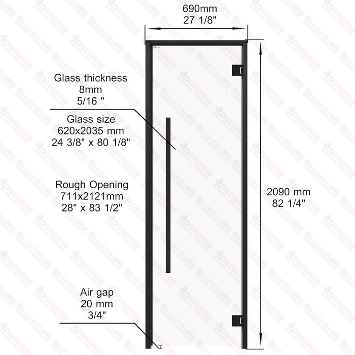 Aspen Black Frame Sauna Door Benelux Square, Clear Glass, 690×2090 mm (27 1/8″ x 82 1/4″) - West Coast Saunas - BSAUNAACGBSD3R