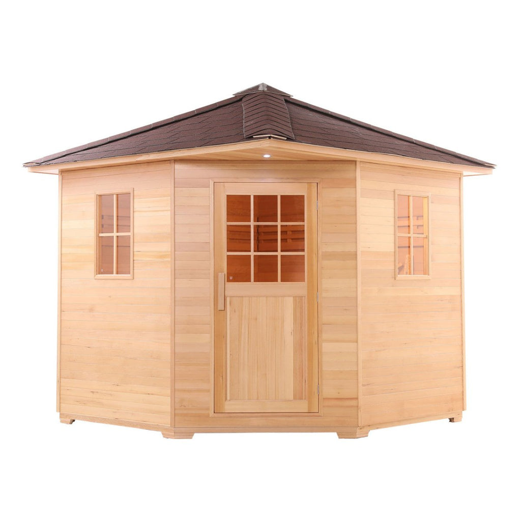 Canadian Hemlock Outdoor 5 Person Traditional Steam Sauna with Asphalt Roof - 6 kW - West Coast Saunas - SKD5HEM-AP