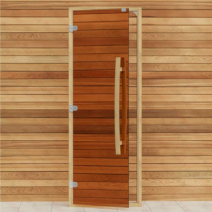 Clear Red Cedar Frame Sauna Door, Curved Handle, Bronze Glass, 690×1890 mm (27 1/8″ x 74 3/8″) - West Coast Saunas - BSAUNACRCBGDR