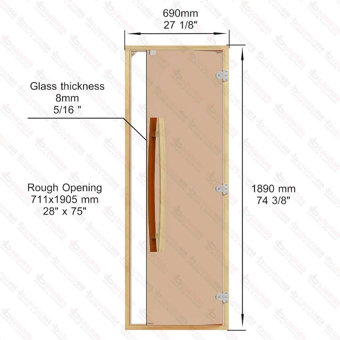 Clear Red Cedar Frame Sauna Door, Curved Handle, Bronze Glass, 690×1890 mm (27 1/8″ x 74 3/8″) - West Coast Saunas - BSAUNACRCBGDR