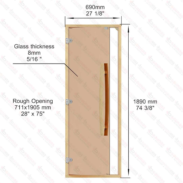 Clear Red Cedar Frame Sauna Door, Curved Handle, Bronze Glass, 690×1890 mm (27 1/8″ x 74 3/8″) - West Coast Saunas - BSAUNACRCBGDL