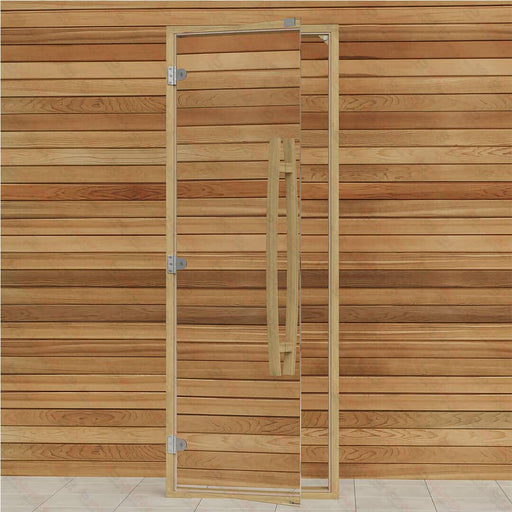 Clear Red Cedar Frame Sauna Door, Curved Handle, Clear Glass, 690×1890 mm (27 1/8″ x 74 3/8″) - West Coast Saunas - BSAUNACRCCGDR