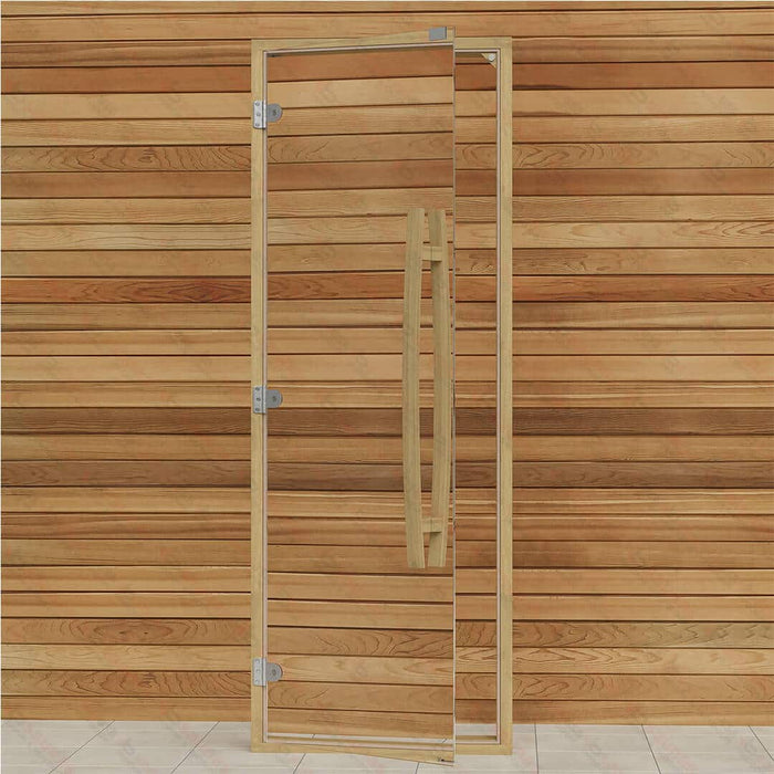 Clear Red Cedar Frame Sauna Door, Curved Handle, Clear Glass, 690×1890 mm (27 1/8″ x 74 3/8″) - West Coast Saunas - BSAUNACRCCGDR
