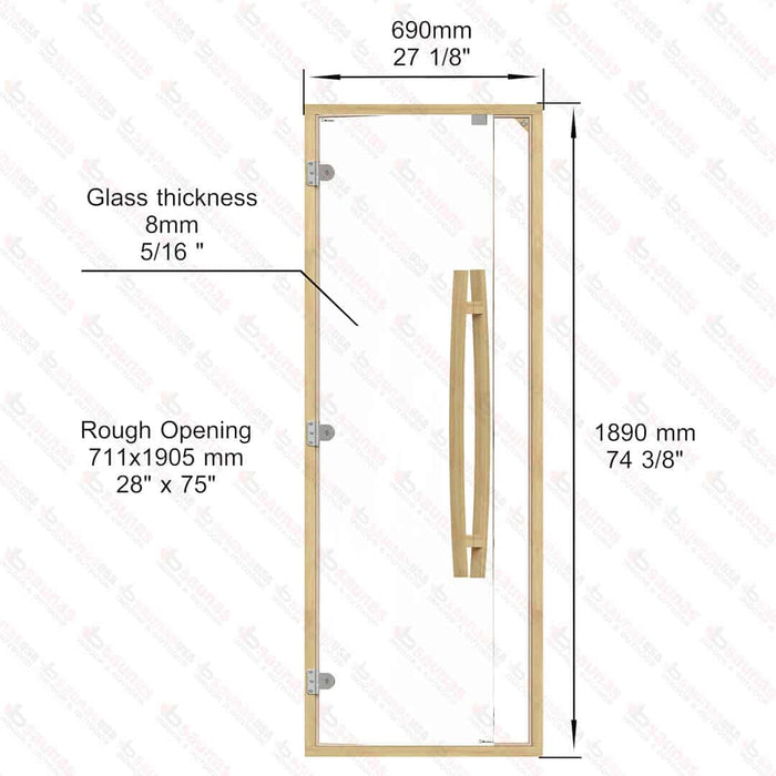 Clear Red Cedar Frame Sauna Door, Curved Handle, Clear Glass, 690×1890 mm (27 1/8″ x 74 3/8″) - West Coast Saunas - BSAUNACRCCGL