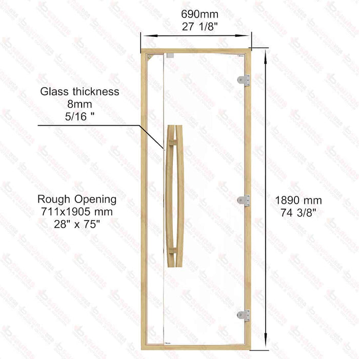 Clear Red Cedar Frame Sauna Door, Curved Handle, Clear Glass, 690×1890 mm (27 1/8″ x 74 3/8″) - West Coast Saunas - BSAUNACRCCGDR