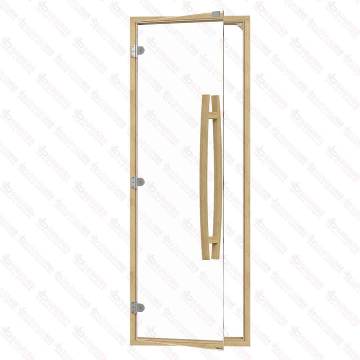 Clear Red Cedar Frame Sauna Door, Curved Handle, Clear Glass, 690×1890 mm (27 1/8″ x 74 3/8″) - West Coast Saunas - BSAUNACRCCGDR