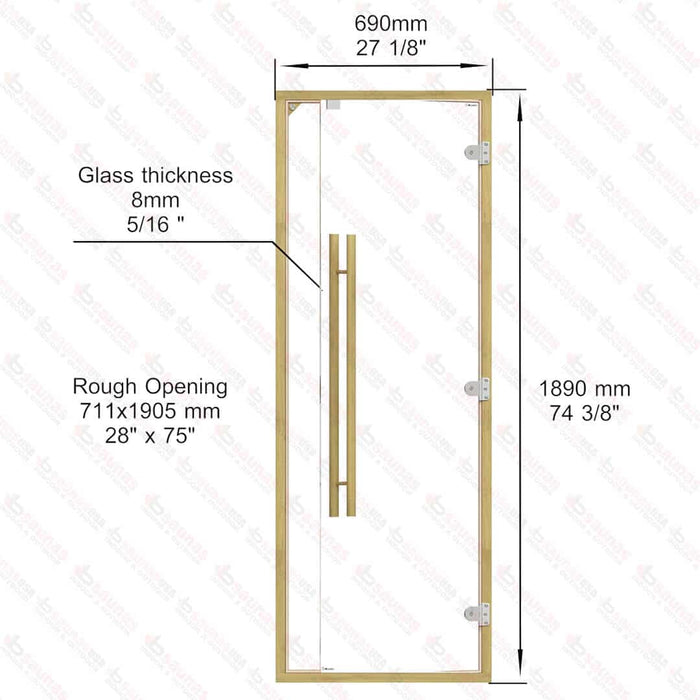 Clear Red Cedar Frame Sauna Door, Straight Handle, Clear Glass, 690×1890 mm (27 1/8″ x 74 3/8″) - West Coast Saunas - BSAUNACRCCGD2R