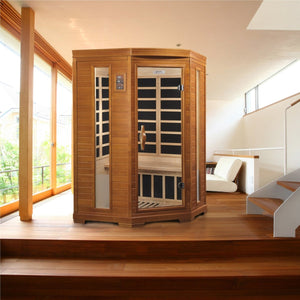 Dynamic Heming Elite 2-person Corner Ultra Low EMF FAR Infrared Dry Sauna in Canadian Hemlock - West Coast Saunas - DYN-6225-02 Elite