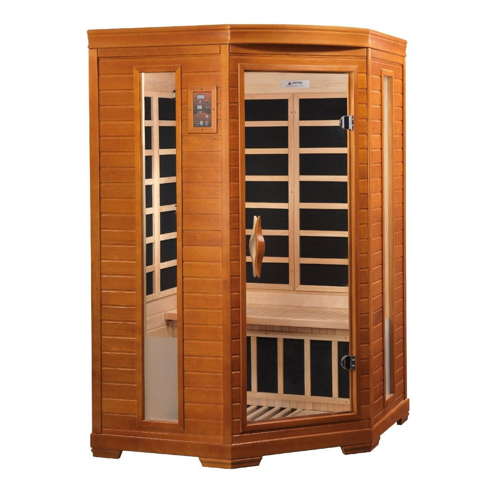 Dynamic Heming Elite 2-person Corner Ultra Low EMF FAR Infrared Dry Sauna in Canadian Hemlock - West Coast Saunas - DYN-6225-02 Elite