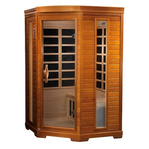 Dynamic Heming Elite 2-person Corner Ultra Low EMF FAR Infrared Dry Sauna in Canadian Hemlock - West Coast Saunas - DYN-6225-02 Elite