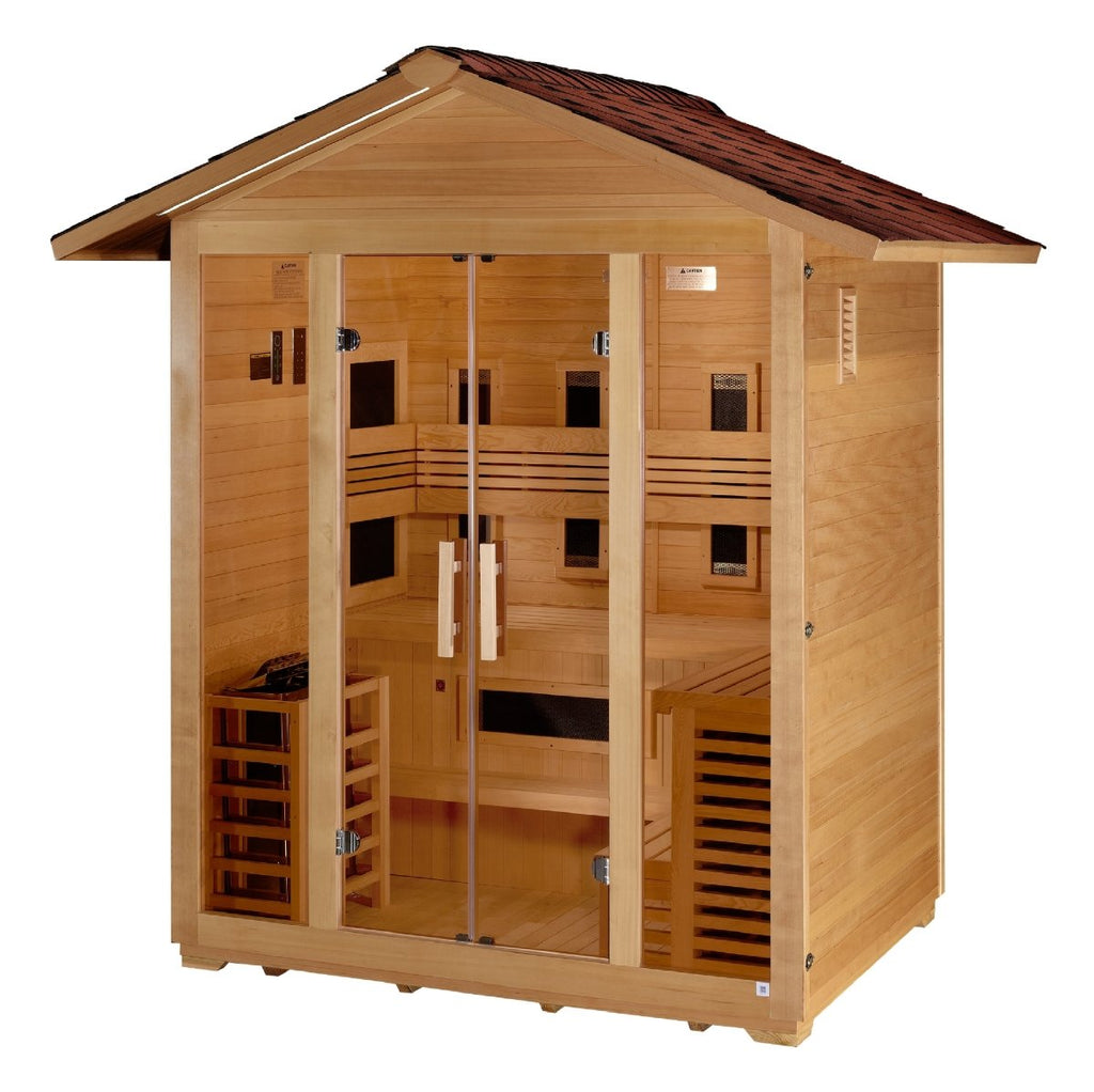 Golden Designs "Gargellen" 5 Person Hybrid (PureTech™ Full Spectrum IR or Traditional Stove) Outdoor Sauna - West Coast Saunas - GDI-8125-01