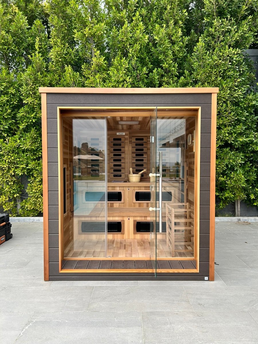 Golden Designs Karlstad 6 Person Hybrid (PureTech™ Full Spectrum IR or Traditional Stove) Outdoor Steam Sauna - West Coast Saunas - GDI-8226-01