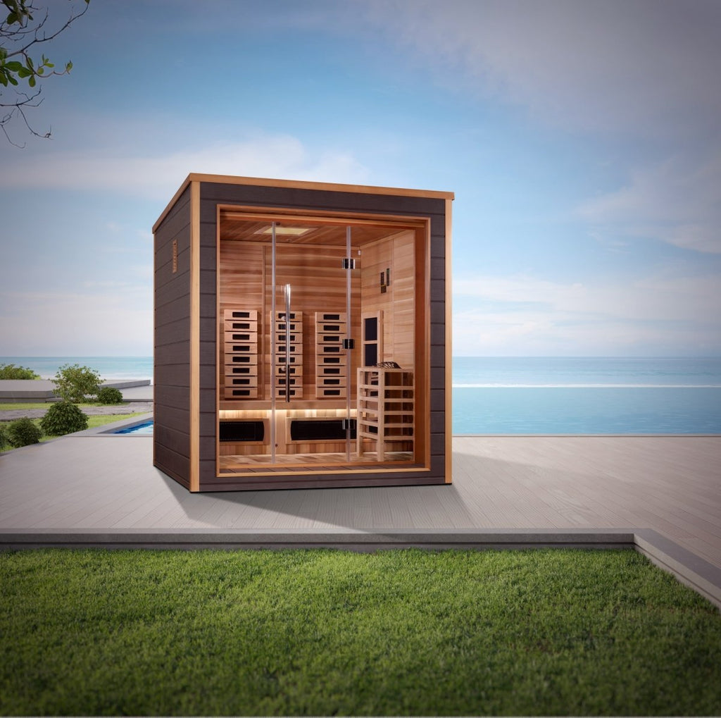 Golden Designs Visby 3 Person Hybrid (PureTech™ Full Spectrum IR or Traditional Stove) Outdoor Sauna - West Coast Saunas - GDI-8223-01