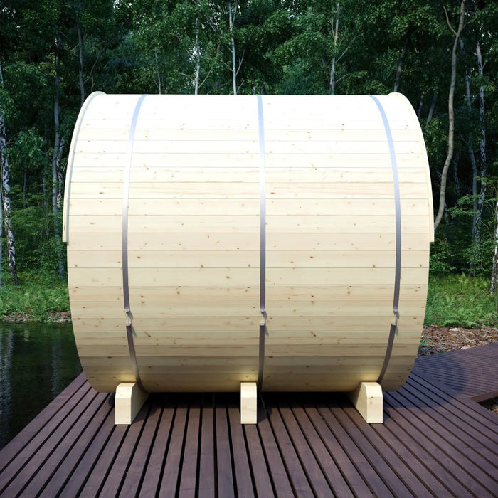 Helsinki Finnish Barrel Sauna with Terrace and WiFi Heater - Finnish Sauna Builders - West Coast Saunas - sku-47971931455729