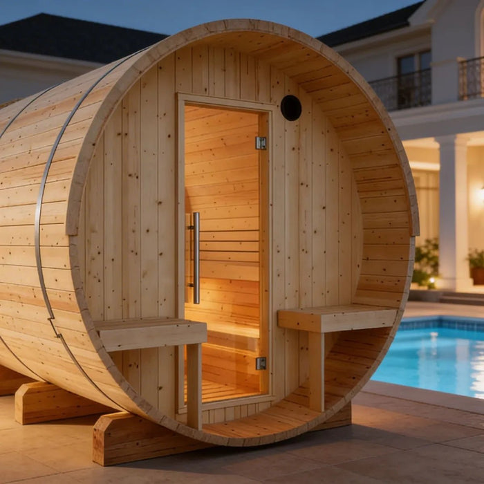 Helsinki Finnish Barrel Sauna with Terrace and WiFi Heater - Finnish Sauna Builders - West Coast Saunas - sku-47971931455729