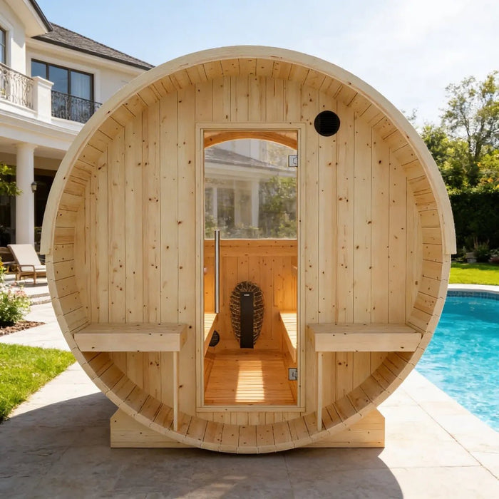 Helsinki Finnish Barrel Sauna with Terrace and WiFi Heater - Finnish Sauna Builders - West Coast Saunas - sku-47971931455729
