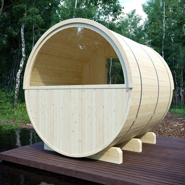 Helsinki Finnish Barrel Sauna with Terrace and WiFi Heater - Finnish Sauna Builders - West Coast Saunas - sku-47971931455729