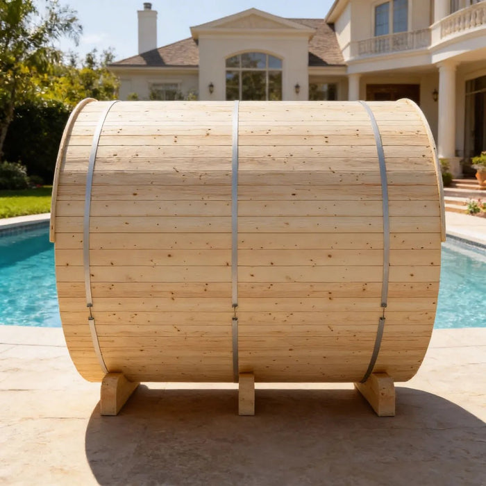 Helsinki Finnish Barrel Sauna with Terrace and WiFi Heater - Finnish Sauna Builders - West Coast Saunas - sku-47971931455729