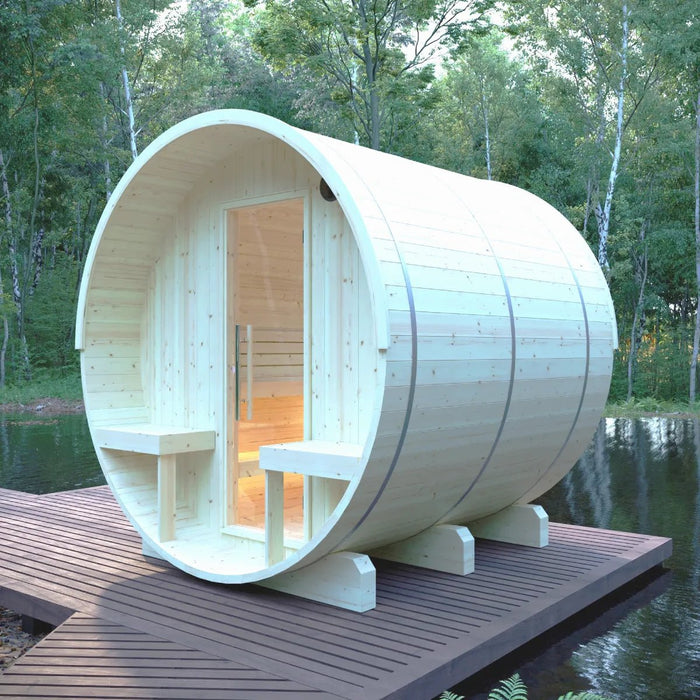 Helsinki Finnish Barrel Sauna with Terrace and WiFi Heater - Finnish Sauna Builders - West Coast Saunas - sku-47971931455729