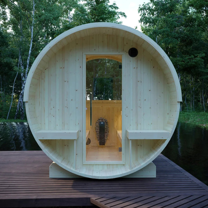Helsinki Finnish Barrel Sauna with Terrace and WiFi Heater - Finnish Sauna Builders - West Coast Saunas - sku-47971931455729