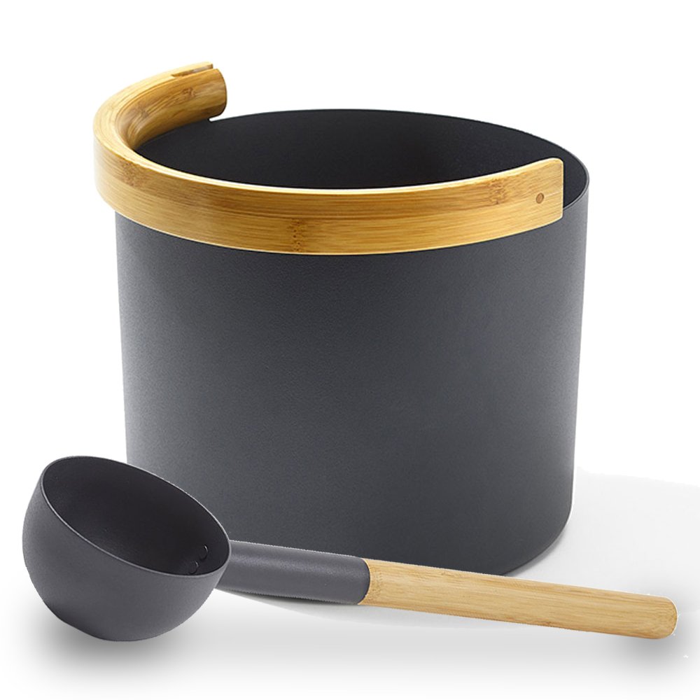 Kolo Aluminum Bucket with Curved Bamboo Handle and Ladle Set, Black / White - West Coast Saunas - 450-KOLO-B/L-SET2-BK