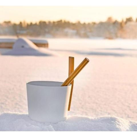 KOLO Aluminum Sauna Bucket with Straight Bamboo Handle and Matching Ladle - West Coast Saunas - 450-KOLO-B/L-SET3-WH