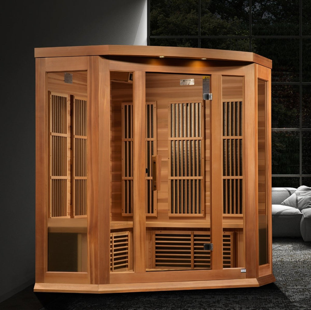 Maxxus 3-Person Corner Near Zero EMF FAR Infrared Dry Sauna in Canadian Red Cedar - West Coast Saunas - MX-K356-01-ZF CED