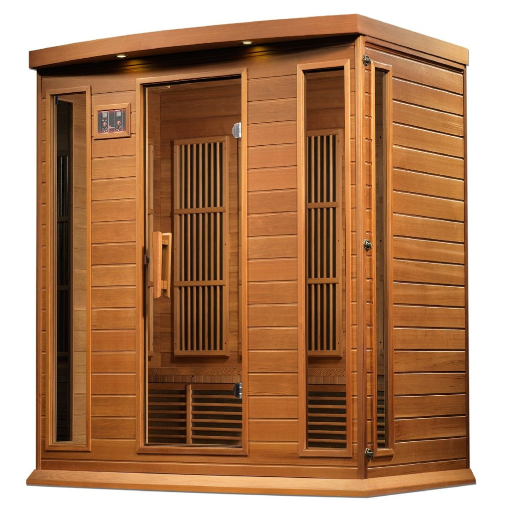 Maxxus 4-Person Corner Near Zero EMF FAR Infrared Dry Sauna in Canadian Red Cedar - West Coast Saunas - MX-K406-01-ZF CED