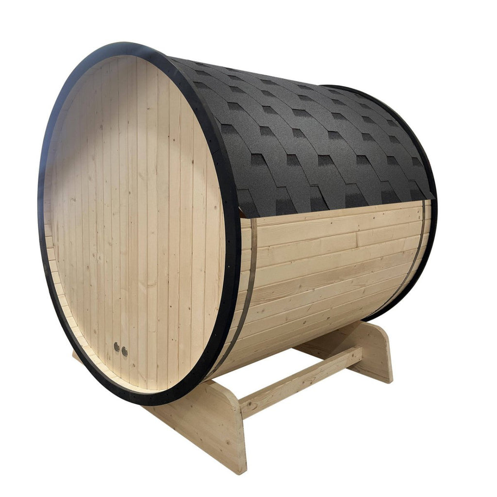 Outdoor White Finland Pine Traditional Barrel Sauna with Black Accents & Front Porch Canopy - 3-5 Person Capacity - West Coast Saunas - SB5PINECPBLK-AP