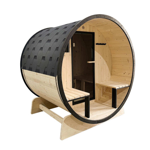 Outdoor White Finland Pine Traditional Barrel Sauna with Black Accents & Front Porch Canopy - 3-5 Person Capacity - West Coast Saunas - SB5PINECPBLK-AP