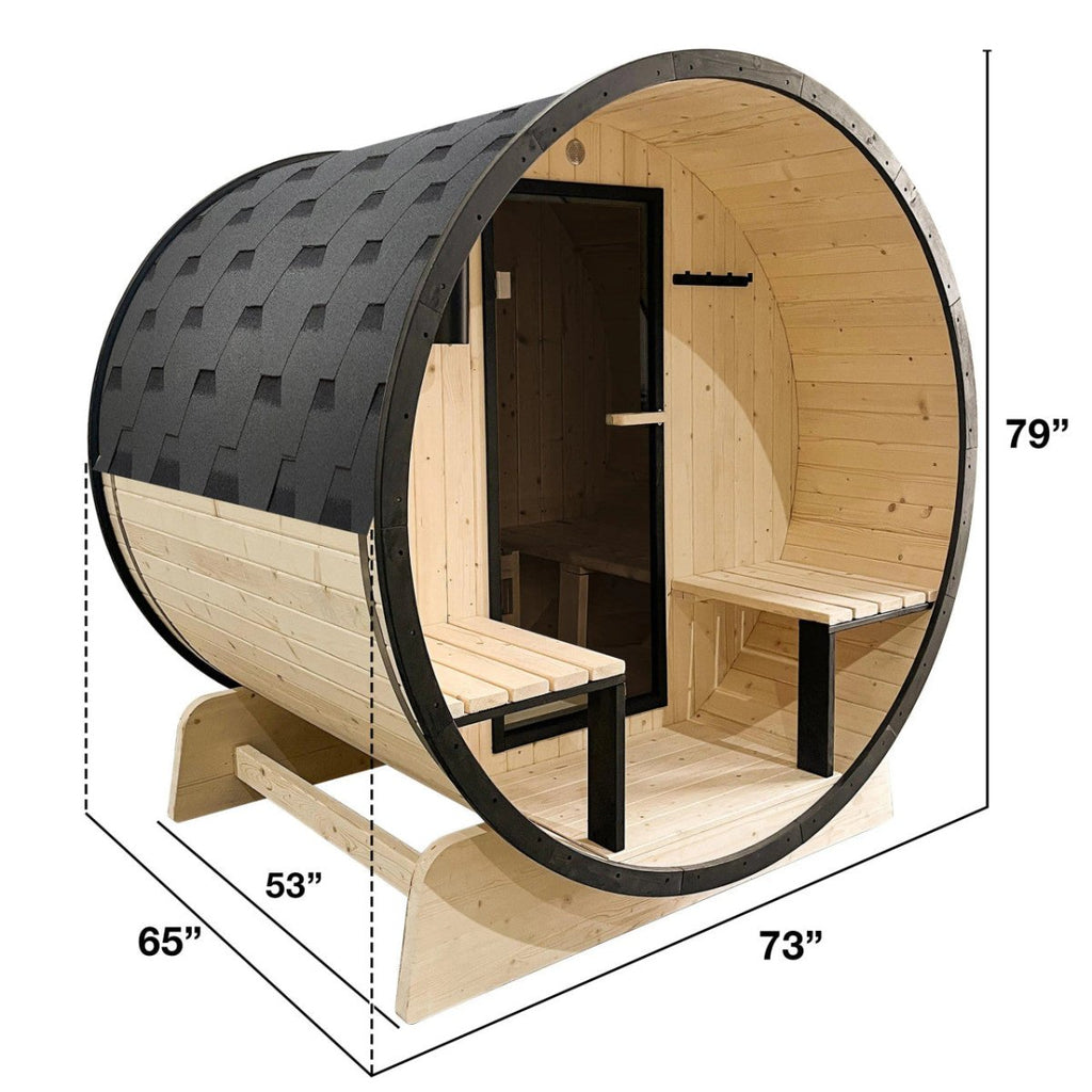 Outdoor White Finland Pine Traditional Barrel Sauna with Black Accents & Front Porch Canopy - 3-5 Person Capacity - West Coast Saunas - SB5PINECPBLK-AP