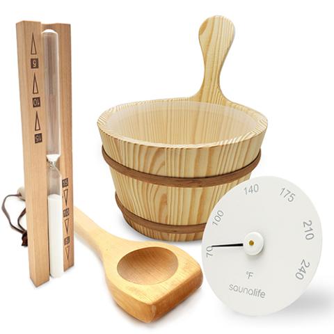 SaunaLife Wooden Sauna Bucket, Ladle, Timer and Thermometer - West Coast Saunas - ACCPKG-1