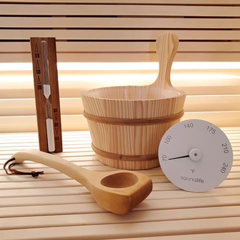 SaunaLife Wooden Sauna Bucket, Ladle, Timer and Thermometer - West Coast Saunas - ACCPKG-1