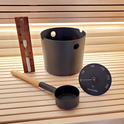 SaunaLife Wooden Sauna Bucket, Ladle, Timer and Thermometer Package 2 - West Coast Saunas - ACCPKG-2BK