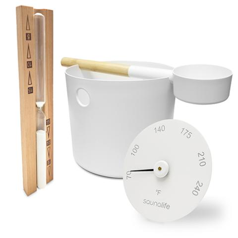 SaunaLife Wooden Sauna Bucket, Ladle, Timer and Thermometer Package 2 - West Coast Saunas - ACCPKG-2WH