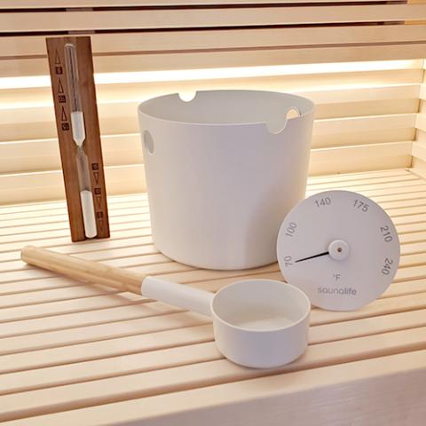 SaunaLife Wooden Sauna Bucket, Ladle, Timer and Thermometer Package 2 - West Coast Saunas - ACCPKG-2WH