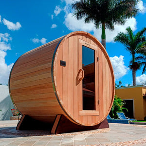 Scandia WiFi - Enabled Barrel Sauna Kit with Canopy (4' - 9' Deep) and Customizable Glass Doors - West Coast Saunas - BS64 - T