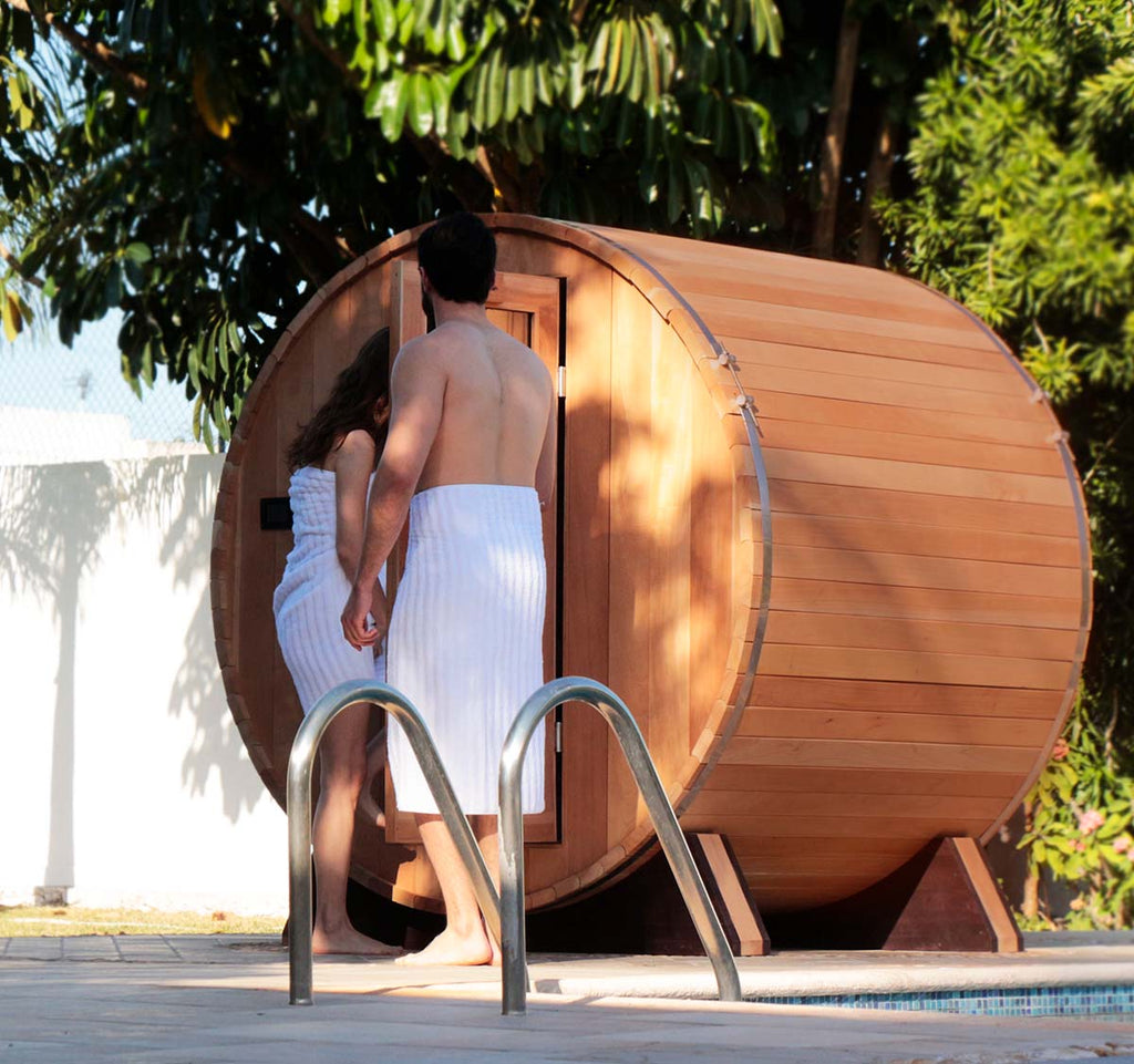 Scandia WiFi - Enabled Barrel Sauna Kit with Canopy (4' - 9' Deep) and Customizable Glass Doors - West Coast Saunas - BS64 - T