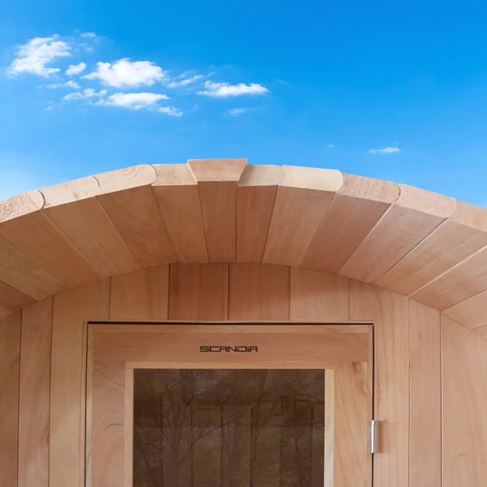 Scandia WiFi - Enabled Barrel Sauna Kit with Canopy (4' - 9' Deep) and Customizable Glass Doors - West Coast Saunas - BS64 - T