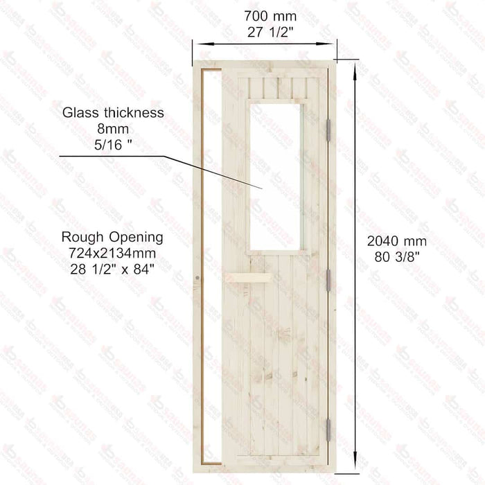 Spruce Door With Glass Window, 700×2040 mm (27 1/2″ x 80 3/8″) - West Coast Saunas - BSAUNASGWDR