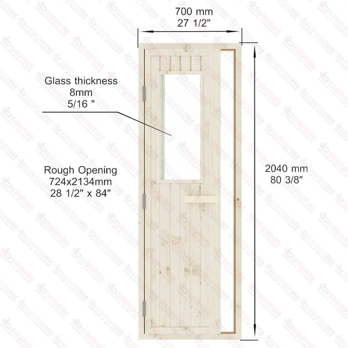 Spruce Door With Glass Window, 700×2040 mm (27 1/2″ x 80 3/8″) - West Coast Saunas - BSAUNASGWDL