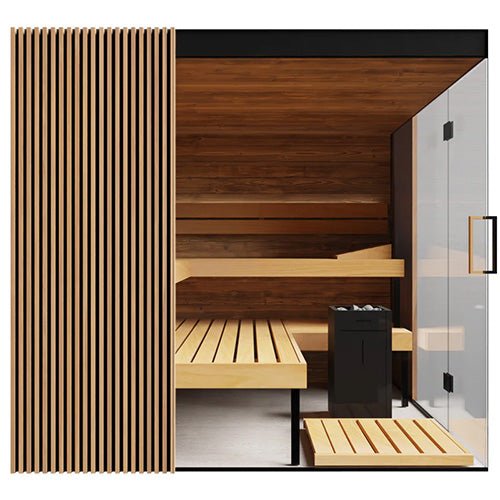 ThermaSol Aalto Sauna Cabin Indoor Sauna Kit, Semi - Panoramic Glass, Up to 4 Persons - West Coast Saunas - 14-AALTODL