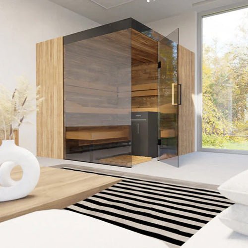 ThermaSol Aalto Sauna Cabin Indoor Sauna Kit, Semi - Panoramic Glass, Up to 4 Persons - West Coast Saunas - 14-AALTODL