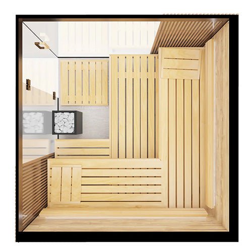 ThermaSol Aalto Sauna Cabin Indoor Sauna Kit, Semi - Panoramic Glass, Up to 4 Persons - West Coast Saunas - 14-AALTODL