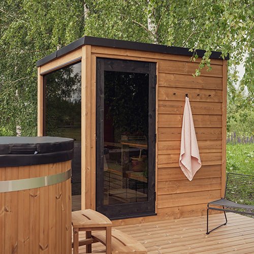 ThermaSol Nordic Dawn Sauna Cabin Fully Assembled Outdoor Sauna, Nordic Pine, Up to 4 Persons - West Coast Saunas - 14-KIR-4555