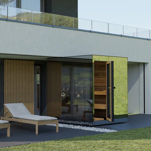 ThermaSol Vue Sauna Cabin Fully Assembled Outdoor Sauna, Mirrored Glass, Up to 4 Persons - West Coast Saunas - 14-VUEDL