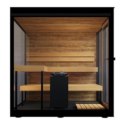 ThermaSol Vue Sauna Cabin Fully Assembled Outdoor Sauna, Mirrored Glass, Up to 4 Persons - West Coast Saunas - 14-VUEDL