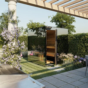 ThermaSol Vue Sauna Cabin Fully Assembled Outdoor Sauna, Mirrored Glass, Up to 4 Persons - West Coast Saunas - 14-VUEDL
